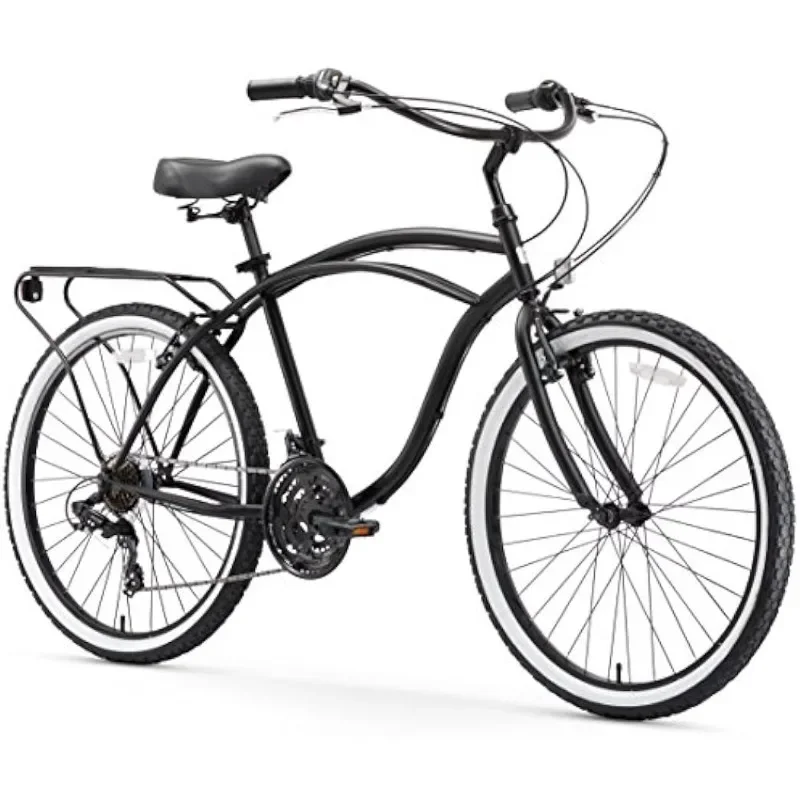 

Around The Block Men's Beach Cruiser Bike, Single Speed Step-Through Touring Hybrid Bicycle with Rear Rack, 26 Inch Wheels