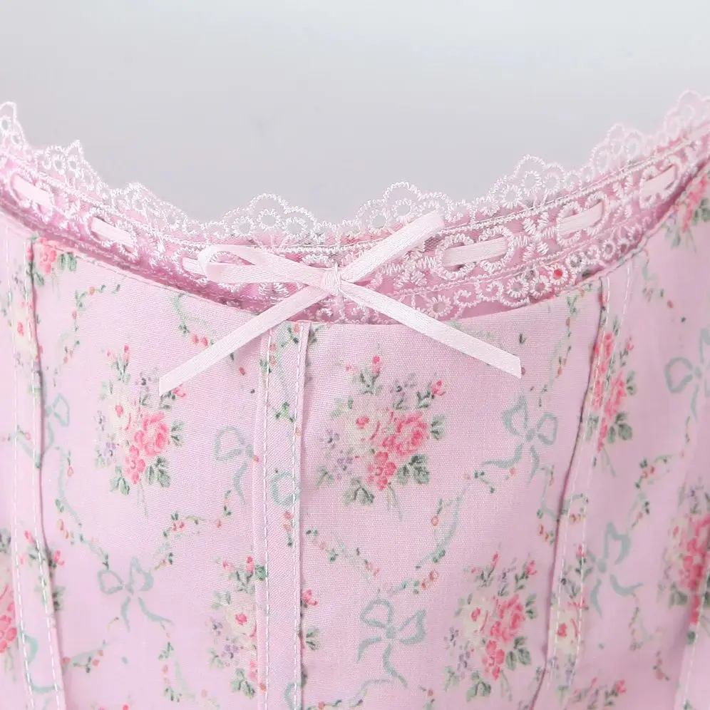 2025 sexy rosa floral impressão emendado gola de renda espartilho sling midi vestido feminino cruz laço até volta cintura baixa balanço vestidos tanque