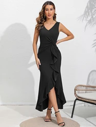 Women's Formal Dresses, Long Black Wedding Guest Bridesmaid Cocktail Plunging Pleated V-Neck Dress Sleeveless Evening Gowns