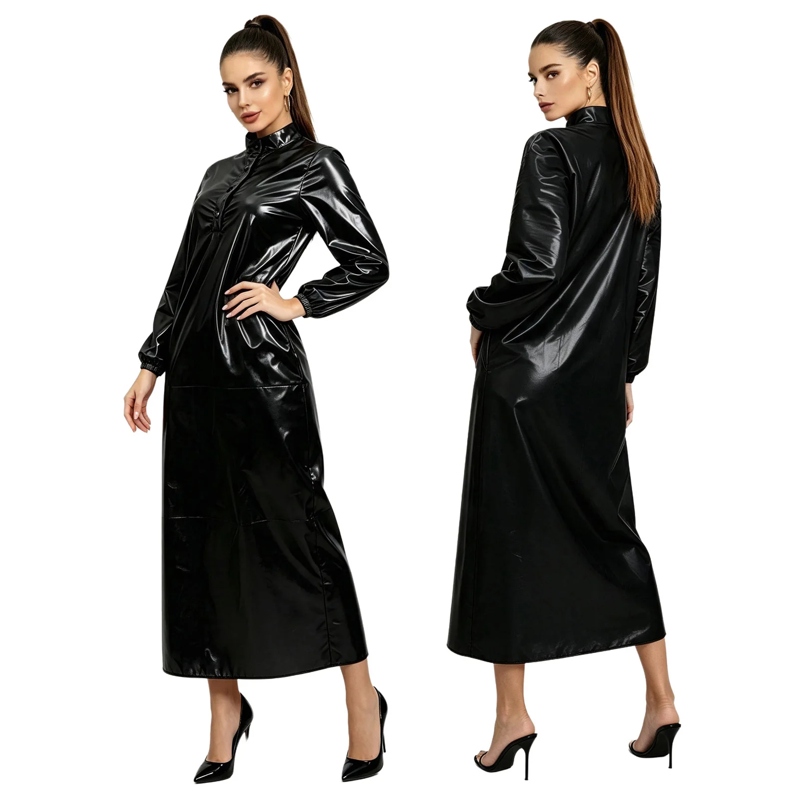 Sexy Glänzendes Vinyl-Metallic-Kleid für Damen mit Rollkragen und Langen Ärmeln, Glänzende Clubwear für Rave-Partys, Musikfestivals und Ausgehzwecke