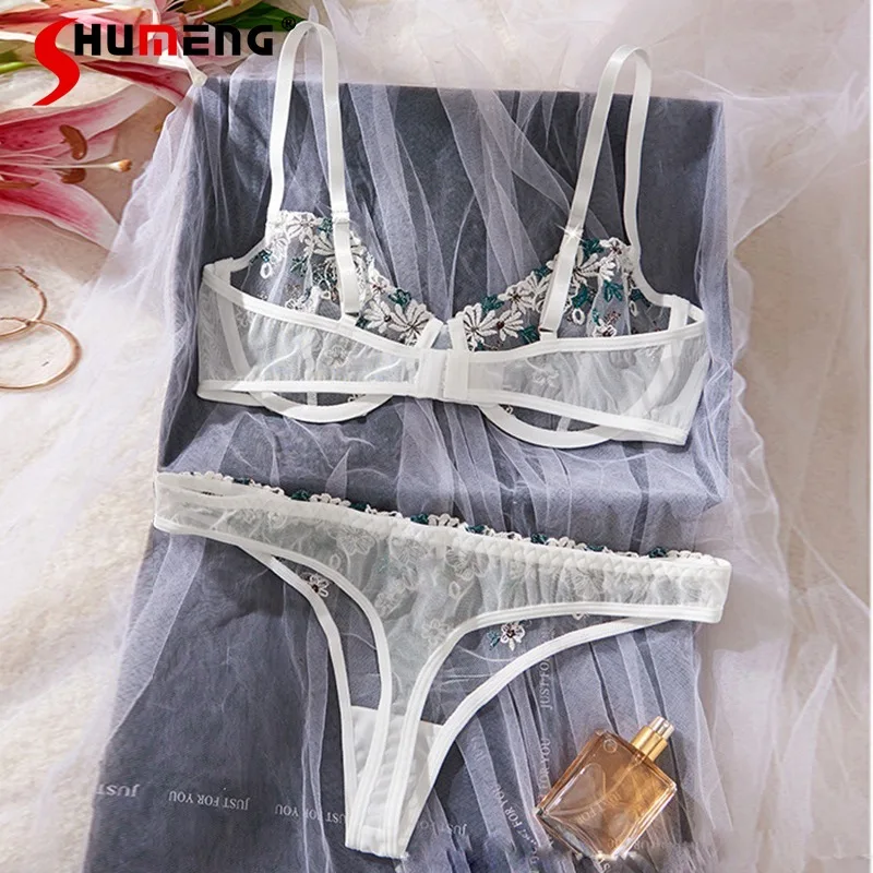 Sheer Embroidery Sexy Lingerie for Women Ultra Thin Cup Bra Set with Underwire Female Large Bust Underwear Brief Suits