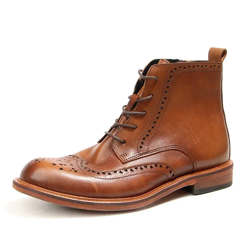 Men's Shoes Brock Carved High Top Chelsea Boots Vintage Handmade Genuine Leather Zipper Designer Man Formal Brogue Boots