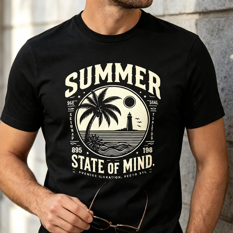 Summer State of Mind Vintage Beach T-Shirt Palm Tree Lighthouse Retro Graphic Tee Casual Streetwear for Men Women Top Y2k