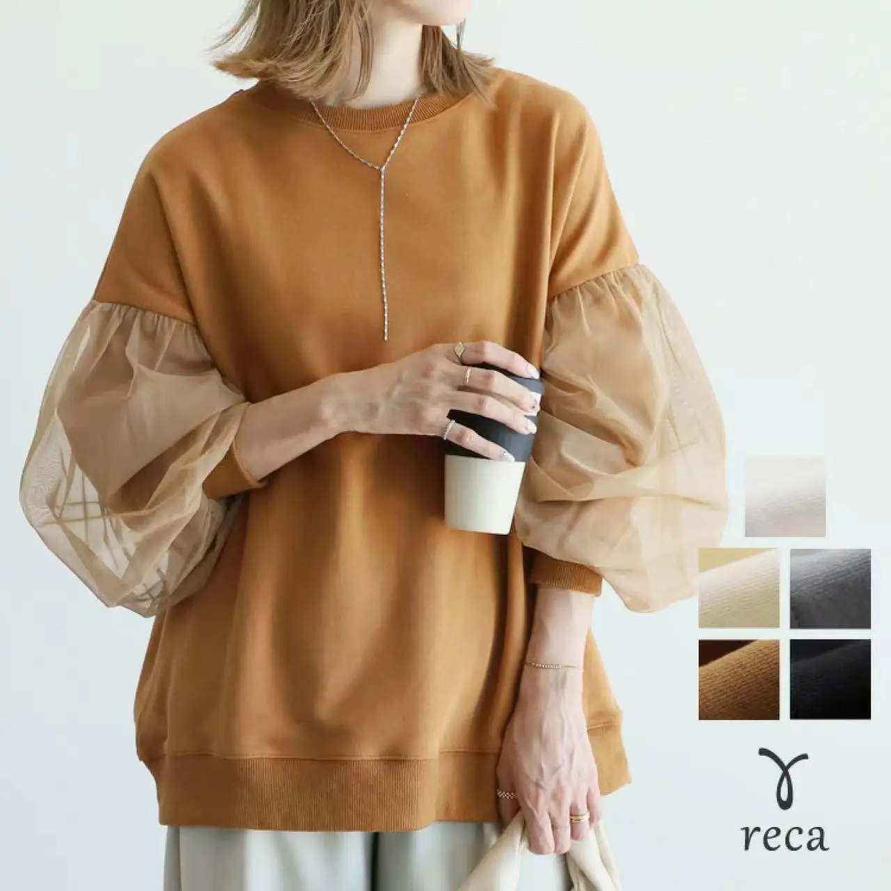 Spring And Summer New Women's Clothing With Unique Design, Sweet Mesh Patchwork Puff Sleeve Round Neck Sweatshirt
