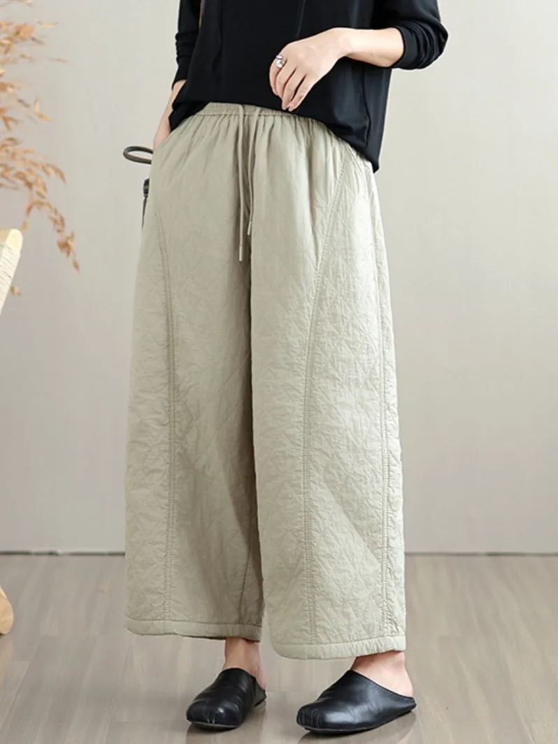 プラスサイズの女性の綿麻ワイドレッグパンツハイウエストストレートカットホームパンツ冬暖かいThienedカジュアルパンツ