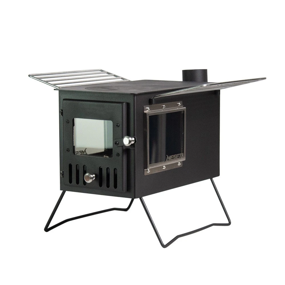 Estufa de Leña Metálica para Camping con Puerta de Vidrio, Paneles Laterales Plegables, Calentador Portátil para Tienda de Campaña ST-08 para Cocinar