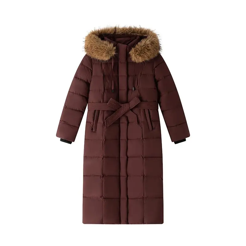 韓国の冬のファッション新しい固体毛皮のようなフード付きロングダウンコットンコート女性厚いパーカーカジュアルルーズシングルブレストオーバーコートシック