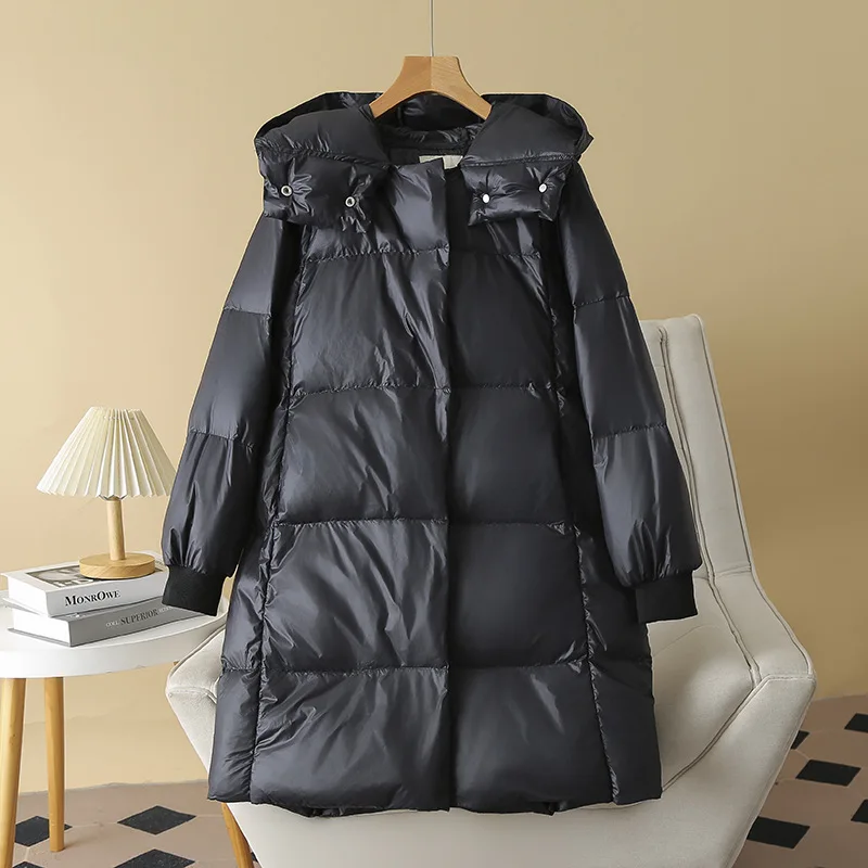 

Женское пуховое пальто больших размеров, зимнее свободное толстое пальто с капюшоном, длинная куртка на 90% белом утином пуху, черное теплое пальто