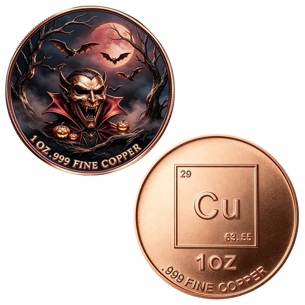 1pc Creepy Halloween Vampire Collectible Copper Coin 1oz .999 Fine Copper Challenge Coin Dracula Bat Pumpkin Keepsake Gifts