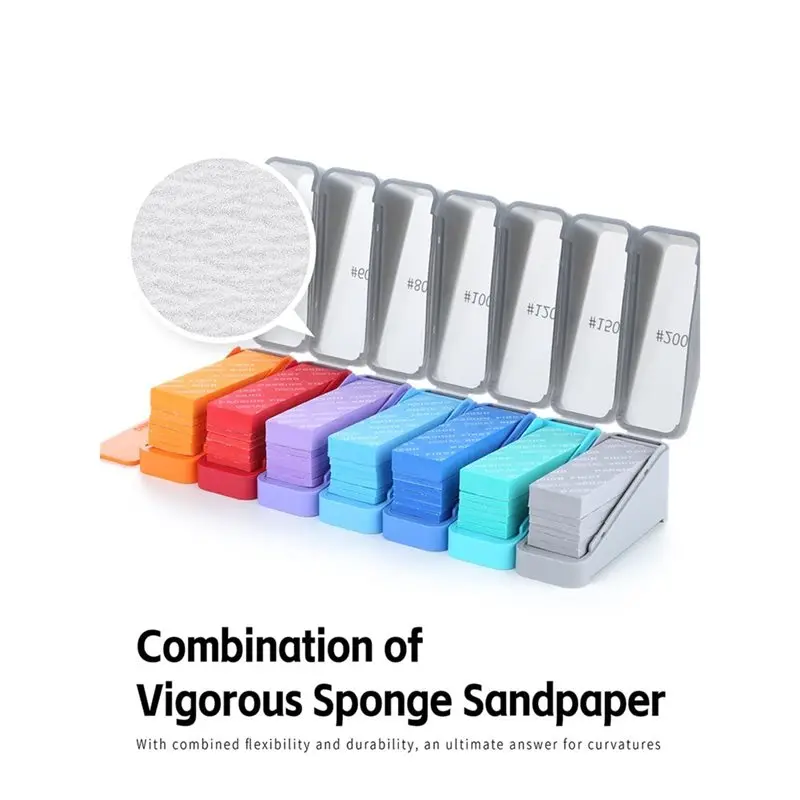 FYBL-nieuwe wasbare sponsschuurpapierset - 42 stuks, korrel 400-2000, 75 x 25 mm, 3 mm tot 10 mm dikte inbegrepen met opbergdoos