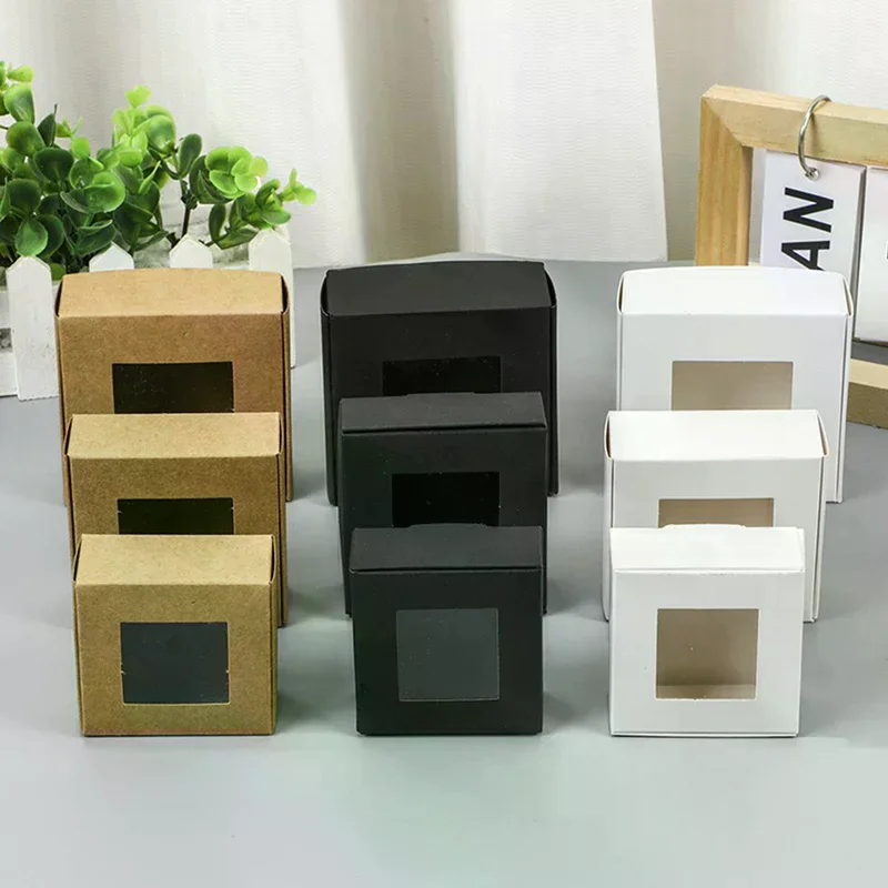 

10 Pcs Square White/Kraft/Black Window Packaging Boxes, Various Sizes, Wedding Party Gifts, Handmade Soap Chocolate Flat Boxes