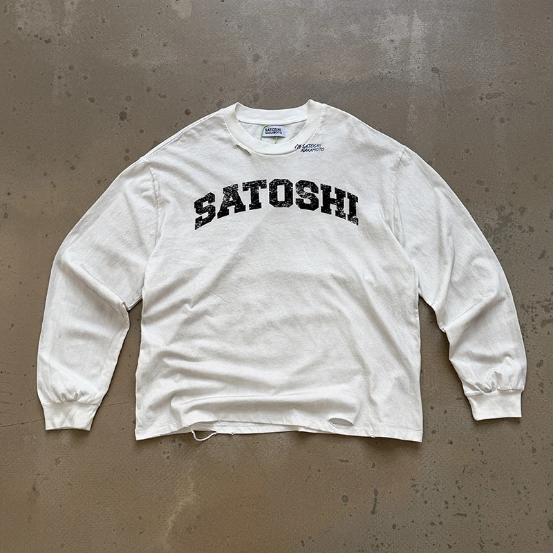 Street Oversized SATOSHI Long-sleeved T-shirts 26ss Unisex Washed Cotton Letter Print T Shirt Men's Hip Hop Styles Top Tee
