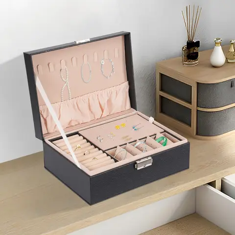 Jewelry Box 2 Layer Jewelry Organizer Storage Case with Necklace Holder & Lock for Earrings Rings Bracelets, Black