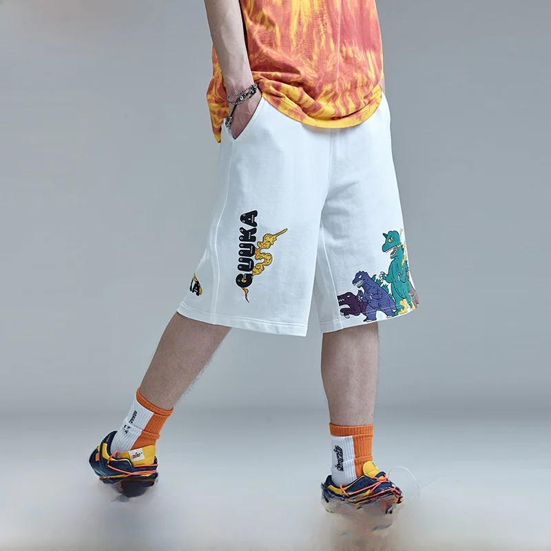 

Guuka белые повседневные орты для мужчин, молодежные спортивные брюки в стиле хип-хоп с принтом эры динозавров, свободные брюки пяти дюймов, летние тонкие хлопковые брюки