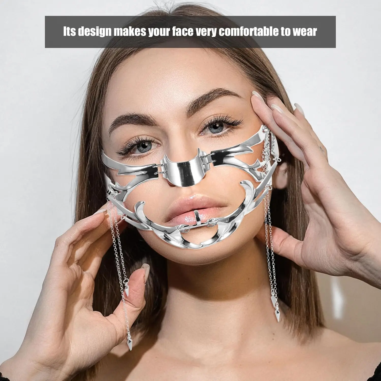 金属コスプレマスクユニセックス不規則なジュエリーフェイスチェーンシルバー鋼サイバーパンク衣装女性男性音楽祭アクセサリー