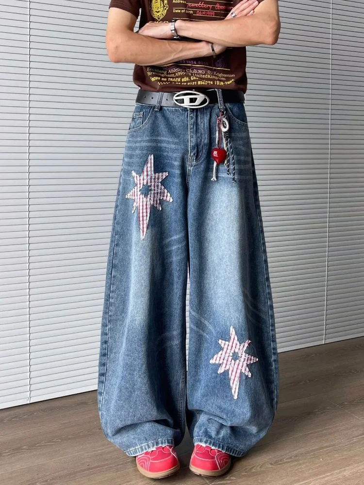 

2025 Japanese Y2K Fashion Star Embroidery Baggy Stacked Jeans Pants For Men Clothing Vintage Blue Straight Gothic Denim Trousers
