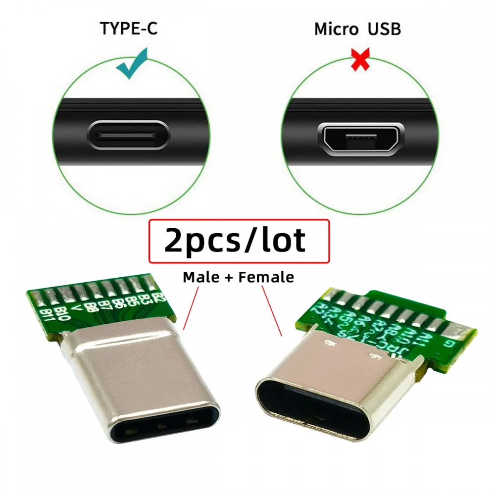 2pcs USB Connector USB-C USB 3.1 Type-C Male & Female Plug Socket Connector Solder Type with PCB