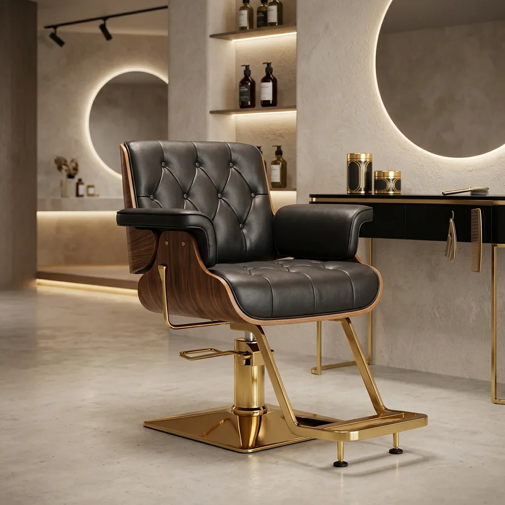 Luxury salon hair chair, synthetic leather design, reclining, 360 degree rotation, height adjustable, salon hair chair