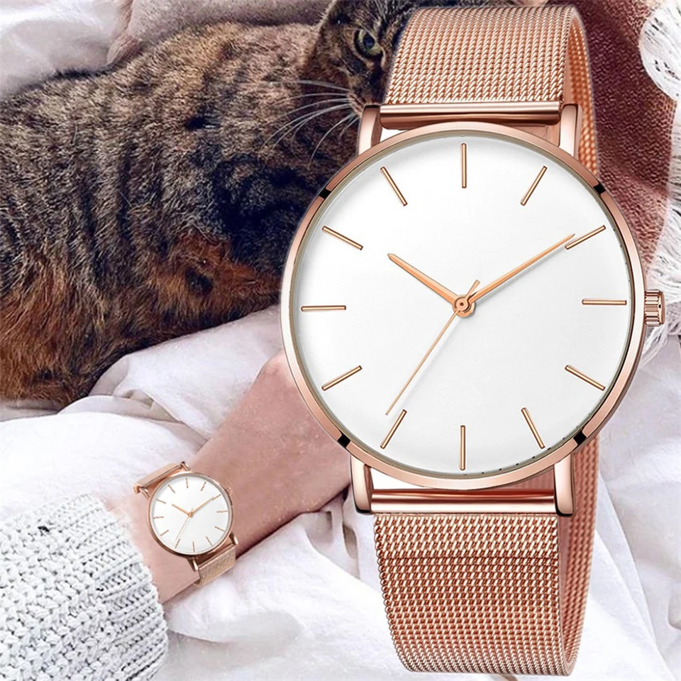 Luxury Simple Watches for Women Stainless Steel Mesh Rose Gold Women\'s Quartz Wristwatch Fashion Casual Ladies Clock Gift  Reloj