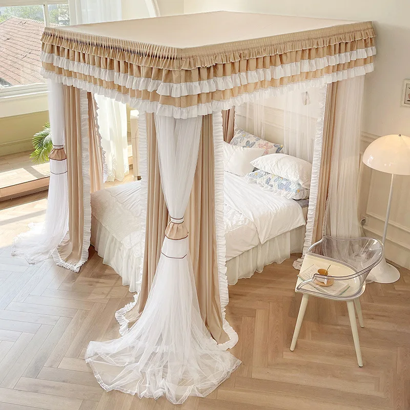 Khaki Double-layer Lace Mosquito Net (No bracket) Detachable Three Door Double Layered Blackout Household Luxury Bed Curtain