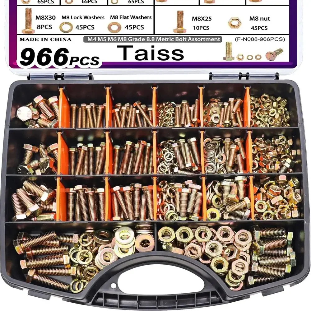 966개 미터법 볼트 모음 키트 M4 M5 M6 M8 8.8등급 헤비 듀티 볼트 너트 와셔 DIY 가구 오토바이 자동차 수리용
