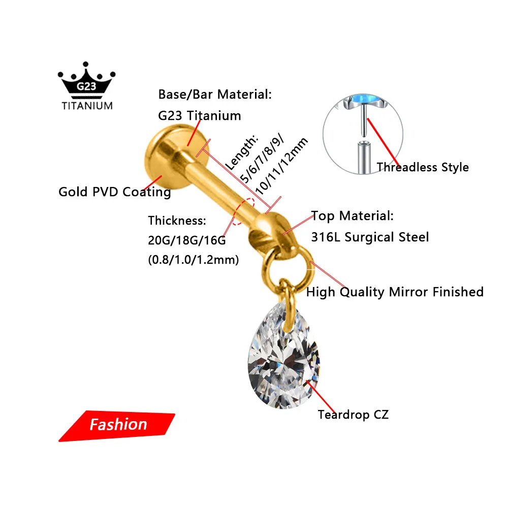 ASTM F136 G23 Titanium Bullet Head Threadless Piercing Teardrop CZ Pin Push in Lip Stud Drop Daith Conch Earring 16G 18G 20G