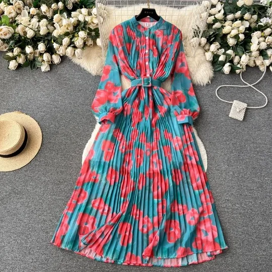 

Women Dresses Folds Single Breasted Long Sleeve Sashes Dress Pleated Print Ankle Length Vestidos Loose Button Casual 2024