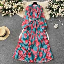 Women Dresses Folds Single Breasted Long Sleeve Sashes Dress Pleated Print Ankle Length Vestidos Loose Button Casual 2024