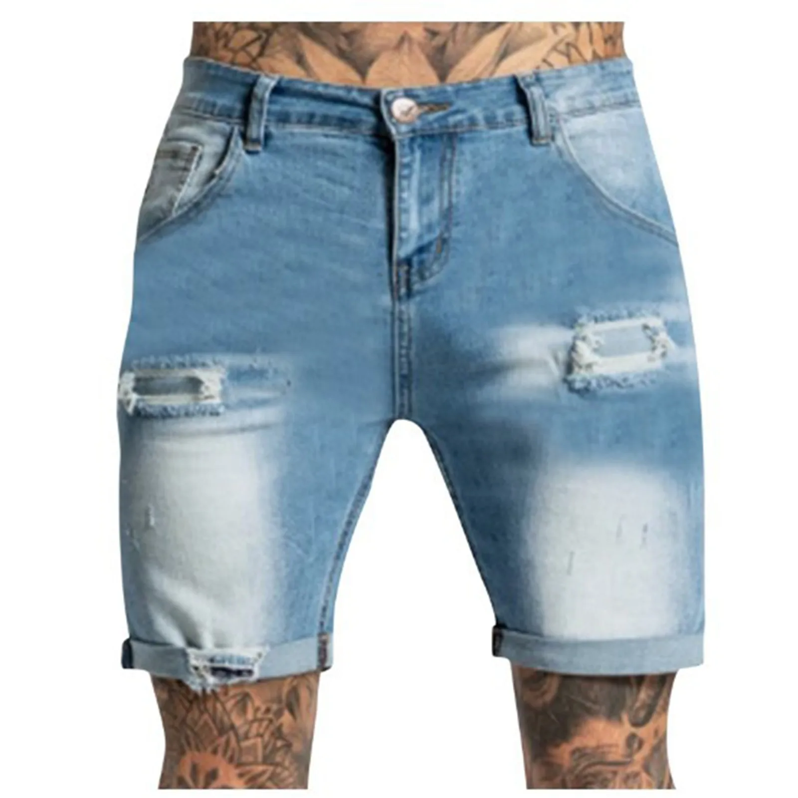 Men'S Jeans Shorts Vintage Ripped Distressed Denim Shorts With Broken Hole Spring Summer Causal Fitting Rolled Hem Denim Shorts