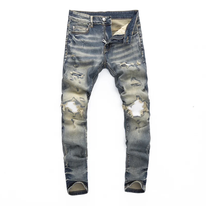 High Street Fashion Men Jeans Retro Washed Blue Stretch Skinny Fit Ripped Jeans Men Patched Designer Hip Hop Brand Pants Hombre