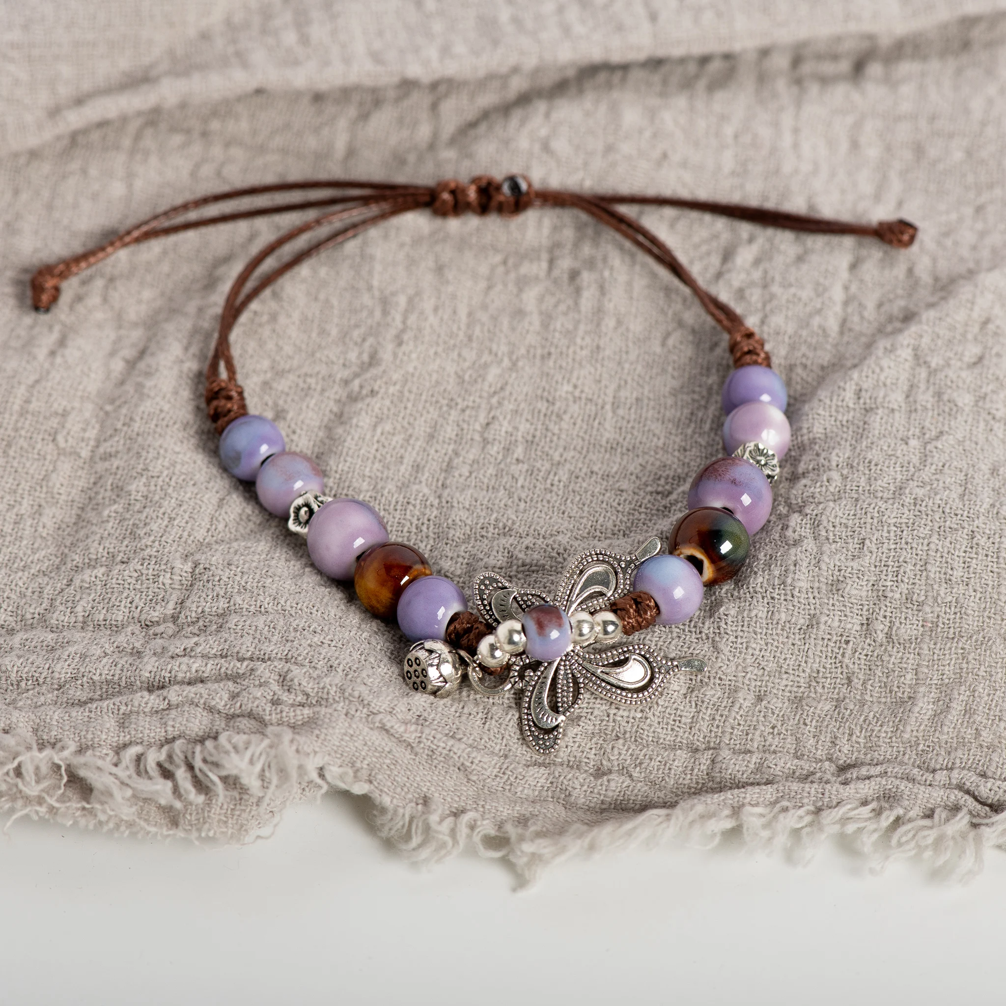 Vintage Multicolor Butterfly Ceramic Bead Bracelet Adjustable Handmade 15-25cm