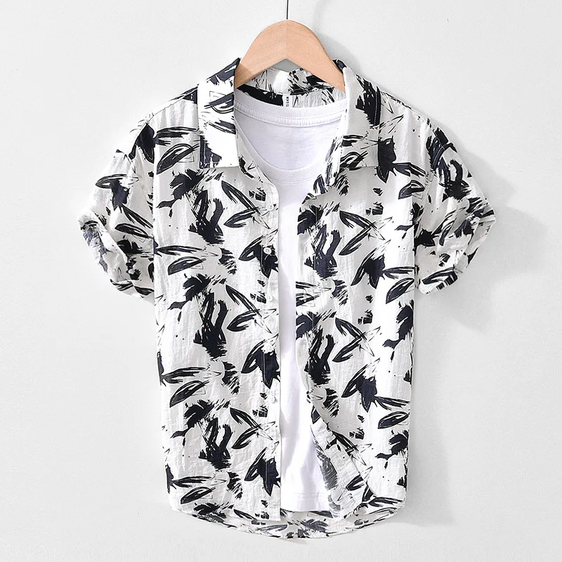 Men Printed Short Sleeve Shirt Turn‑Down Collar Slim‑Fit Composite Cut Casual Summer Shirts For Men Black White Tops