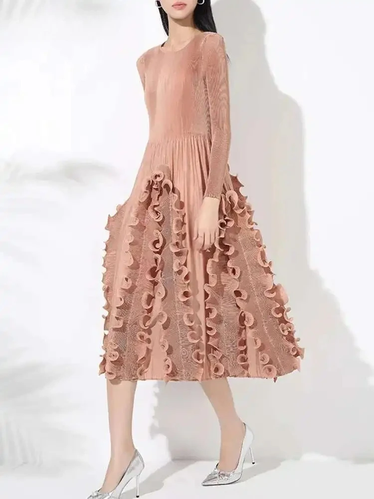 

Miyake New 2025 Summer Women's Dresses Pleated Design Dress Women's Round Neck Full Sleeve Round Neck Solid Colour A-Line