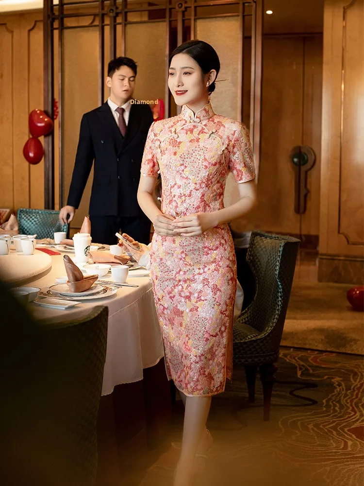 

New Chinese Style Wedding Dress Su Ai Hua Jie Women's Qipao Heavy Work Engagement Ceremony Dress Breathable Floral Pattern