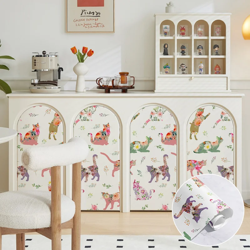Cute Cat Floral Wallpaper Self-adhesive Waterproof  PVC Wallpapers Girls Bedroom Cabinet Furniture  Stickers Home Decoration