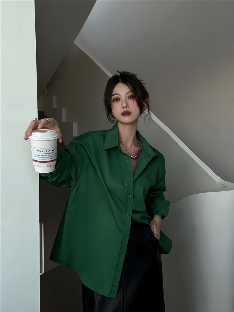 CHEERART Green Oversized Shirt For Women Spring Long Sleeve Top And Blouse Collared Button Up Baggy Shirt Korean Fashion