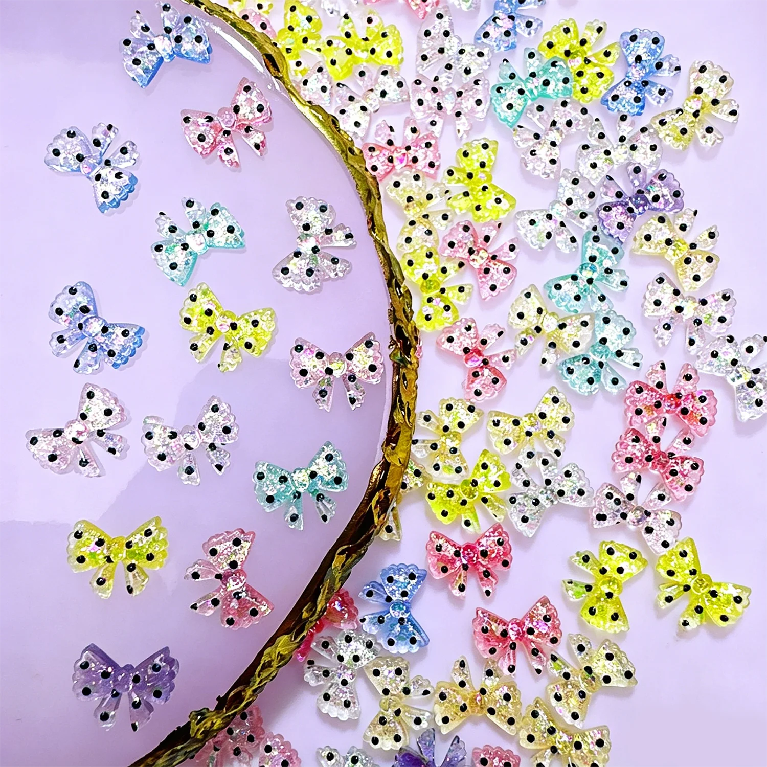 50pcs Colorful Polka Dot Bow Nail Art Charms 3D Ice-Transparent Resin Cute Bowknot Japanese Nail Accessories DIY Crafts Nail Dec