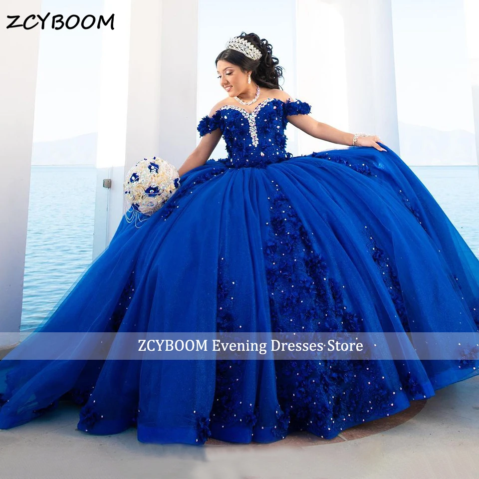 

Luxury Royal Blue Ball Gown Quinceanera Dress 2024 Princess Off Shoulder 3D Flowers Appliques Party Sweet 15 Vestidos De 15 Años