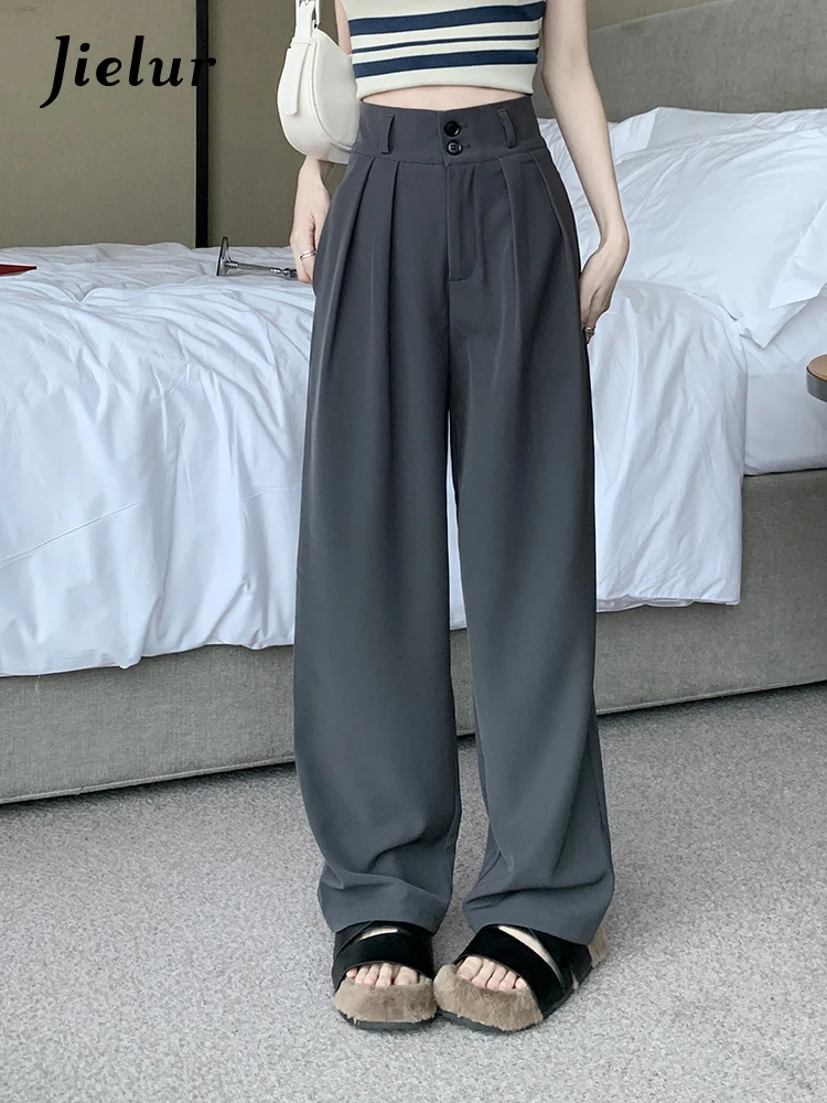 

Jielur Spring Women's Solid Color High Waisted Wide Leg Pants Korean Casual Loose Fitting Women Floor Mopping Straight Leg Pants