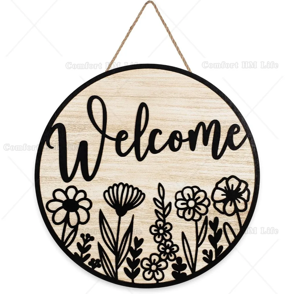 3D Black Wildflower Welcome Door Sign Daisy Floral Wooden Hanging Sign Rustic Flower Front Door Hanger for Indoor Outdoor Decor