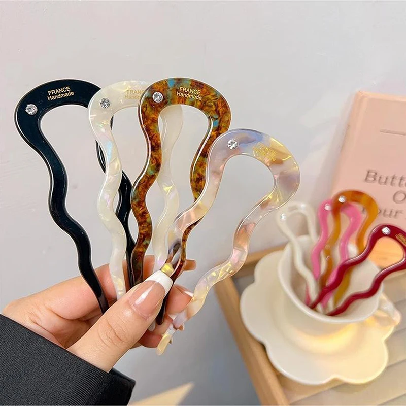 Französische Twist-Haarspange aus Acetat, gewellte U-förmige Haarnadel, Vintage Schildpatt-Optik, Damen-Haarknoten-Pin, Kopfschmuck-Accessoires – Detail 4