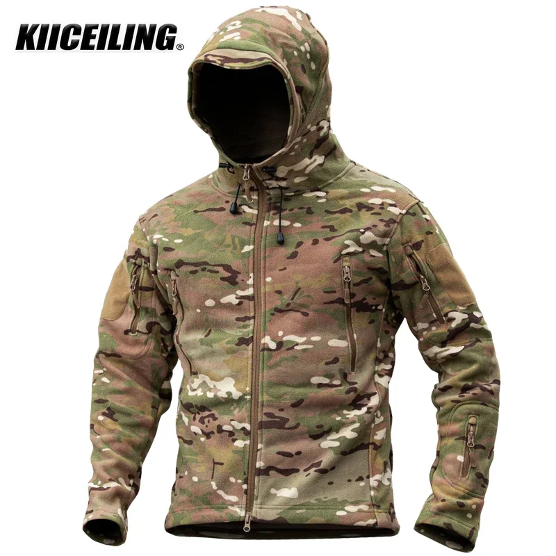 KIICEILING Multicam Camouflage Winter Thermal Fleece Tactical Jacket Men Outdoors Sports Hooded Coat Hiking Windbreaker