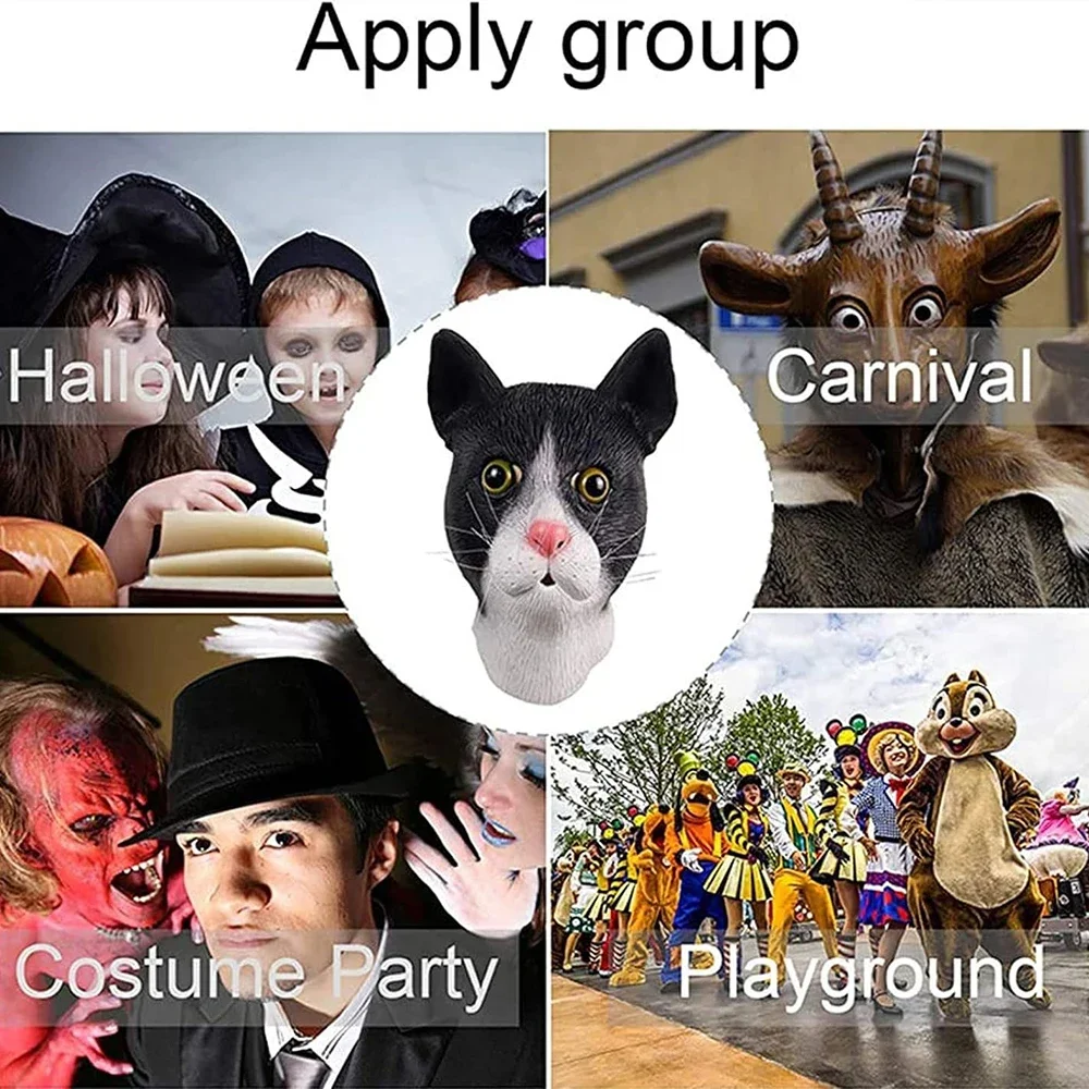 Máscara de gato de Halloween, cubierta divertida para cabeza de Animal, cara completa de látex, accesorio de fiesta, casco de burro y caballo, disfraz para adulto para hombres