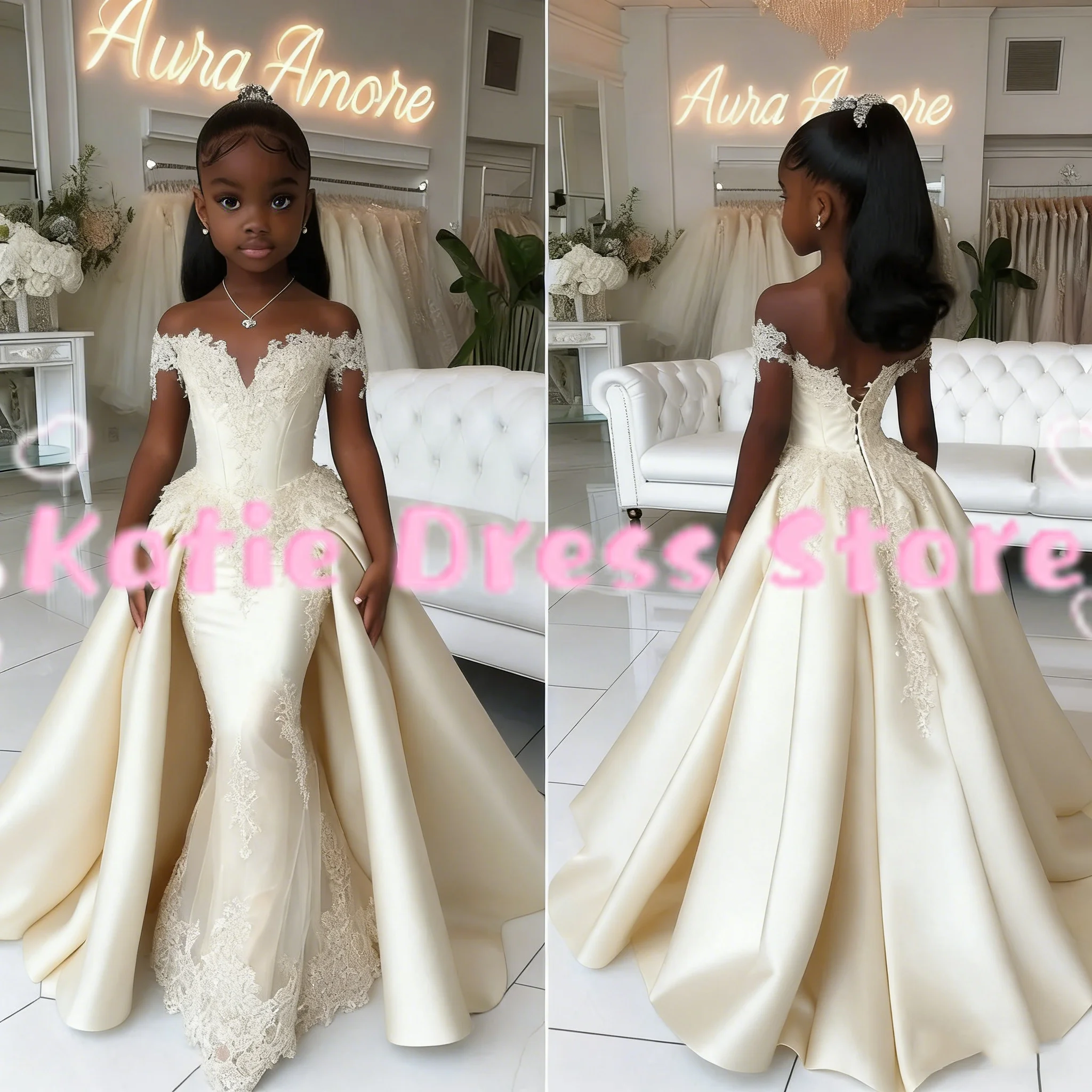 Customized Elegant Pink Satin Flower Girl Dress For Wedding Lace Applique Puffy Kids Birthday Party First Communion Ball Gowns