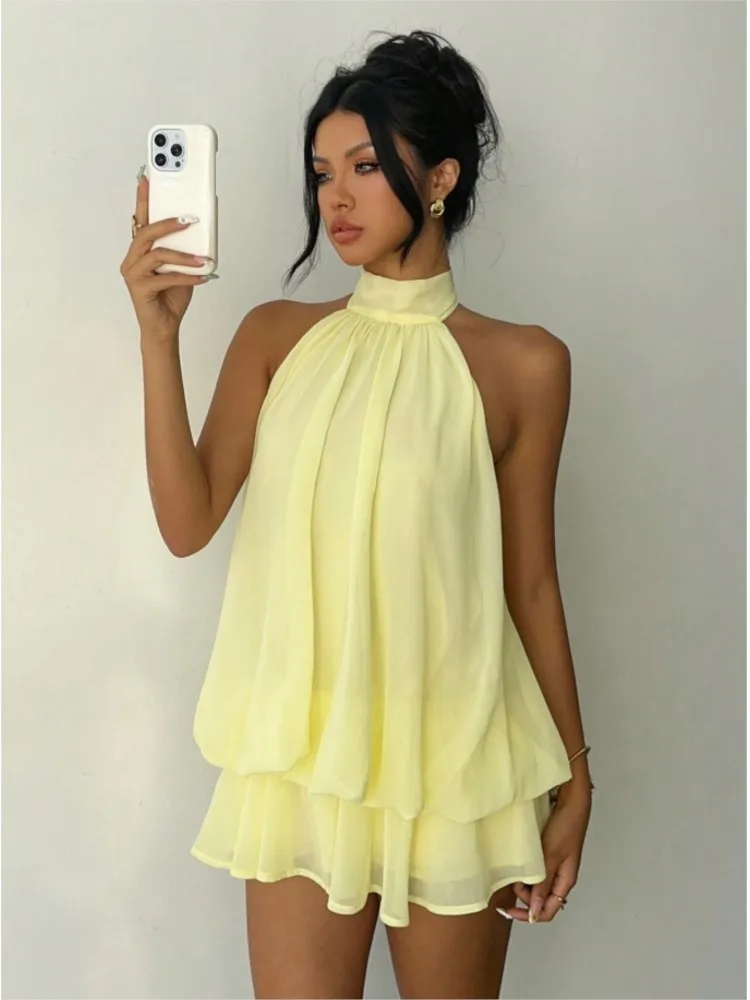 

Women New Solid Color Halter Mini Dresses Fashion Tiered Ruffle Open Back Tie Detail Gown Sweet Casual Summer Short Party Dress