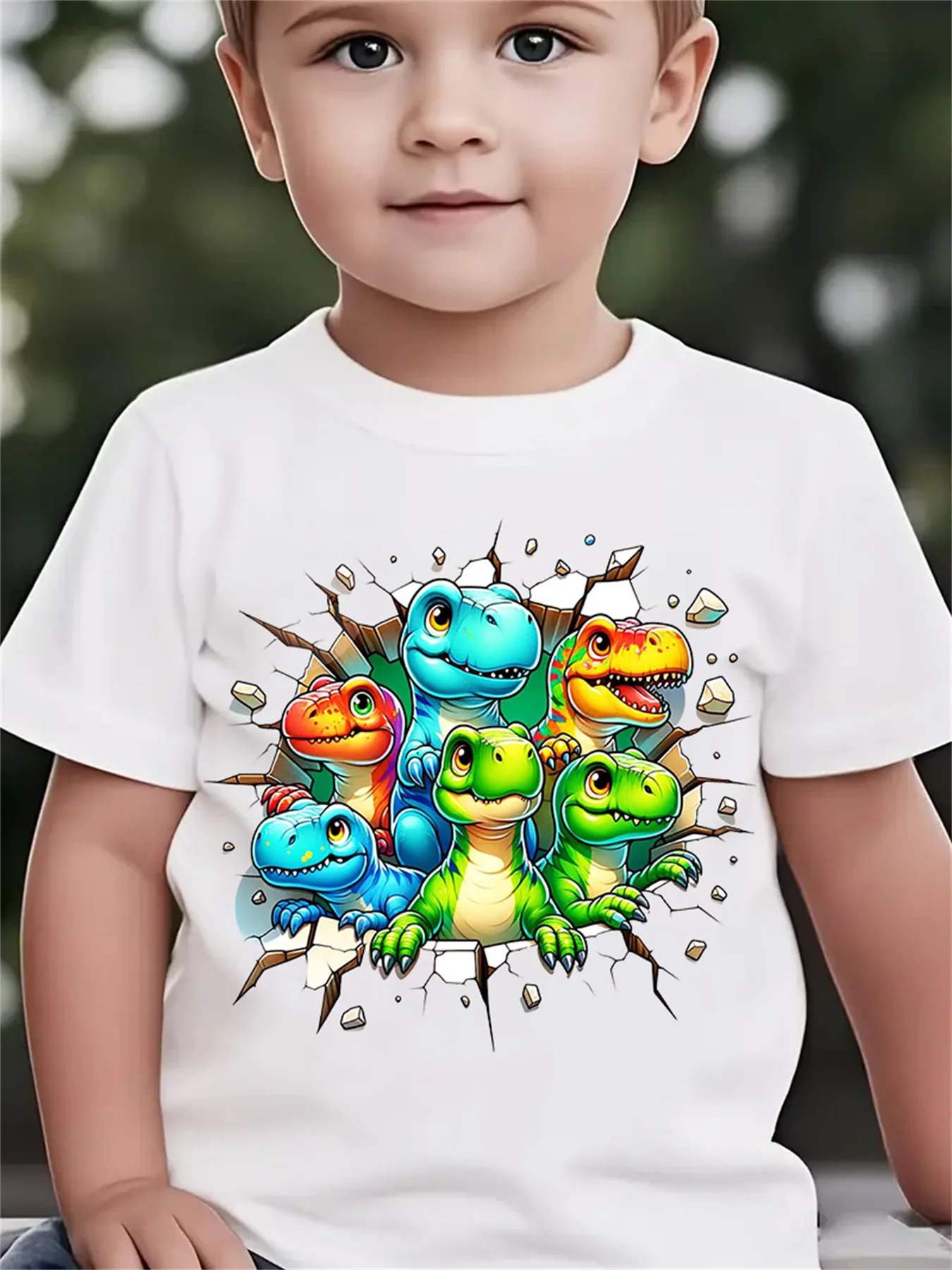 Colorful Cartoon Dinosaur Break Through Wall Print Family Matching Cotton Tees Short Sleeve Tops For Mom Dad Boys Girls Daily We