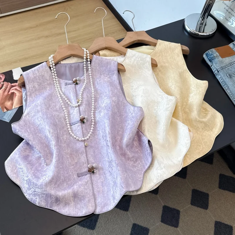 New Chinese Style Tang Suit Silk Embroidered round Neck Button Floral Lace Hem Ethnic Personality Shoulder Pad Vest Top