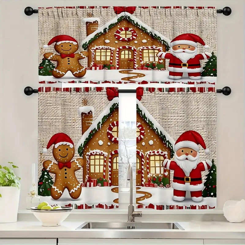 VIKAMA Christmas Kitchen Curtain Set Gingerbread House Santa Gingerbread Plaid Print Valance Tier For Living Room Bedroom Decor