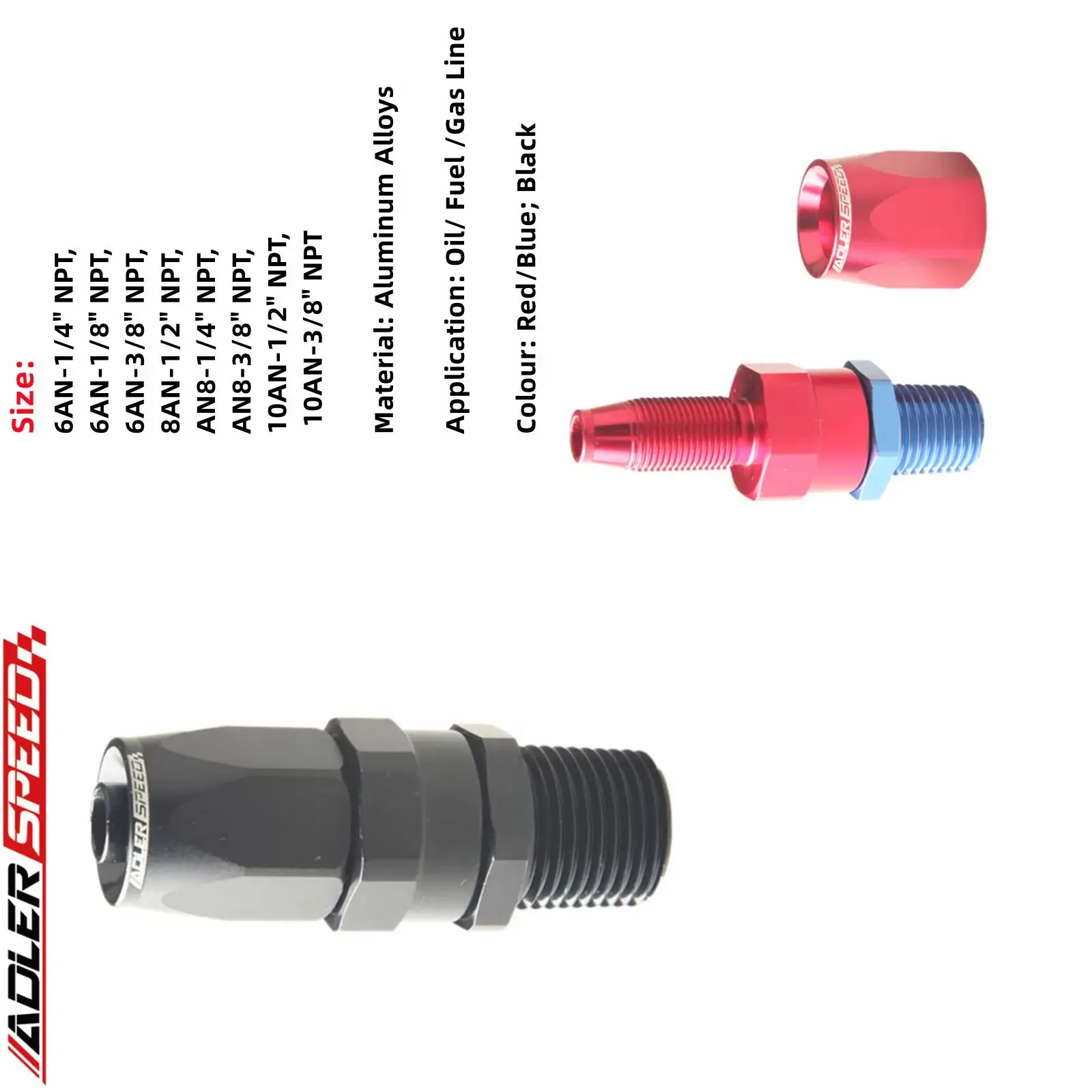 

Алюминий ADLERSPEED 6AN-1/4", 6AN-1/8", 6AN-3/8", 8AN-1/2", AN8-1/4", AN8-3/8", 10AN-1/2" NPT, прямой поворотный фитинг для шланга