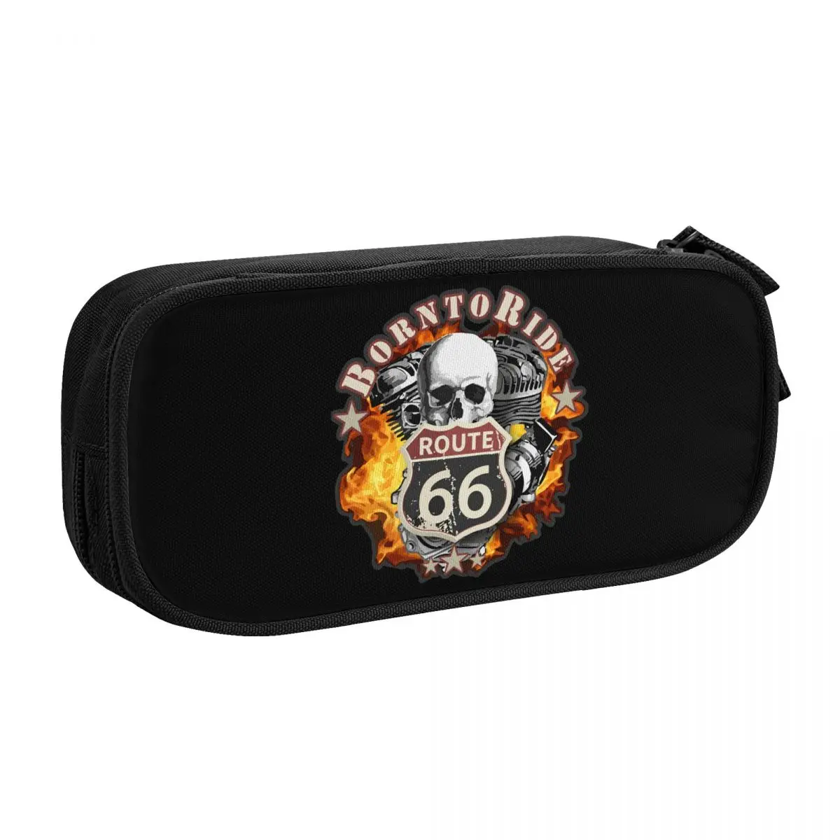 Custom Born To Ride Skull Pencil Case for Boys Gilrs Large Capacity Route 66 Pen Box Bag School Accessories